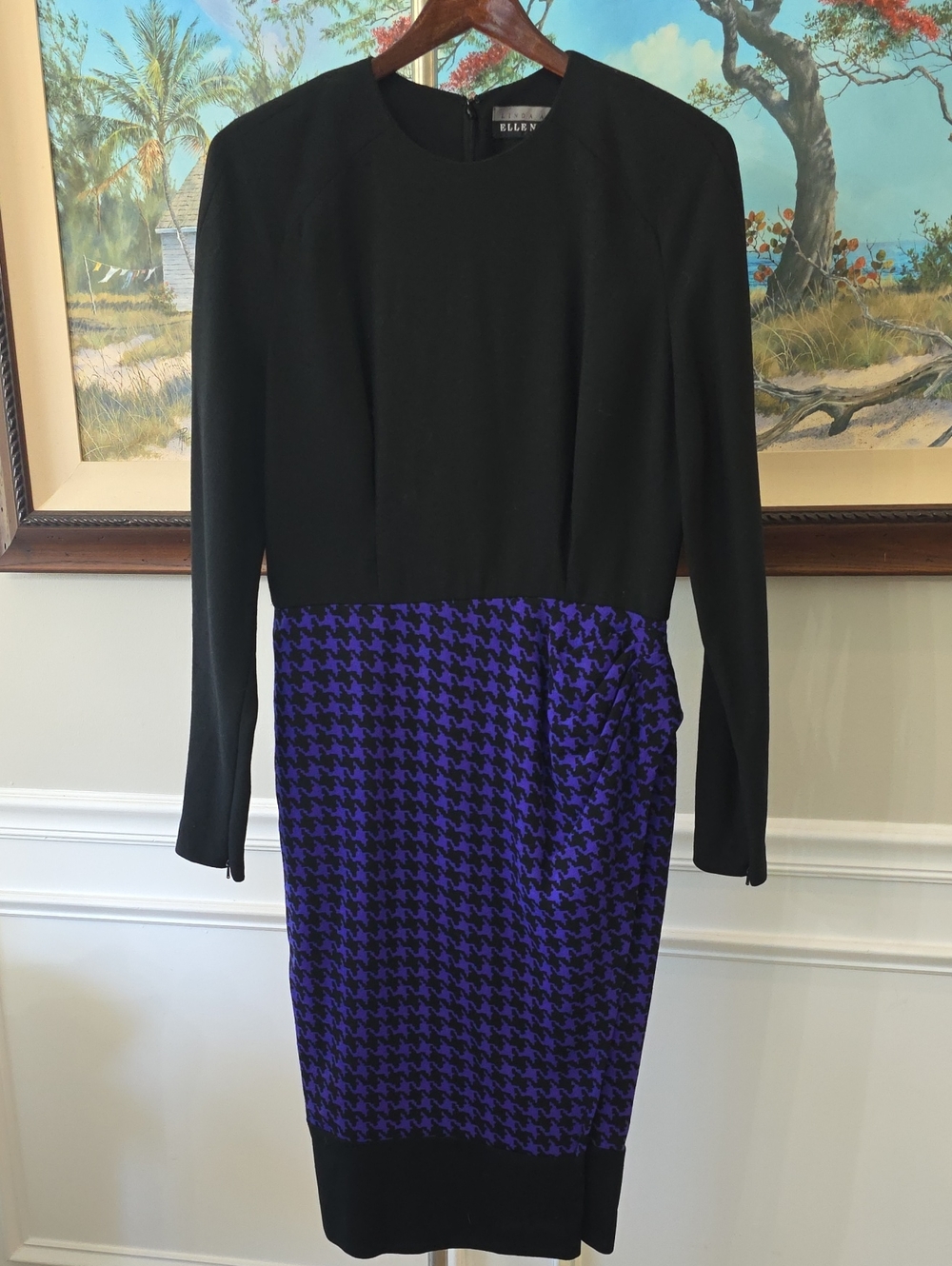 Ellen Tracy Black and Purple Houndstooth Long Sleeve Sheath Dress